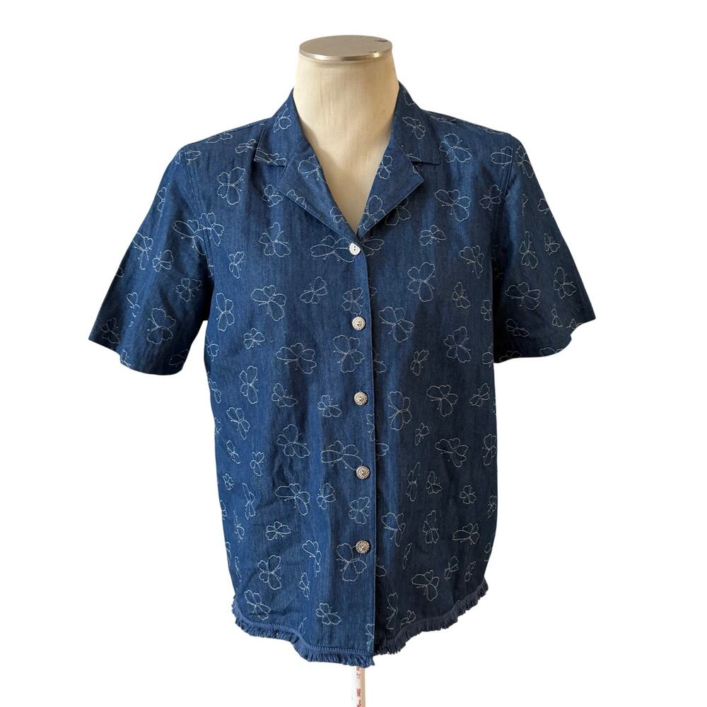 Vtg Y2K 2000s Butterfly Print Button Top Sz 12 Cottagecore Prairie Artsy Raw Hem